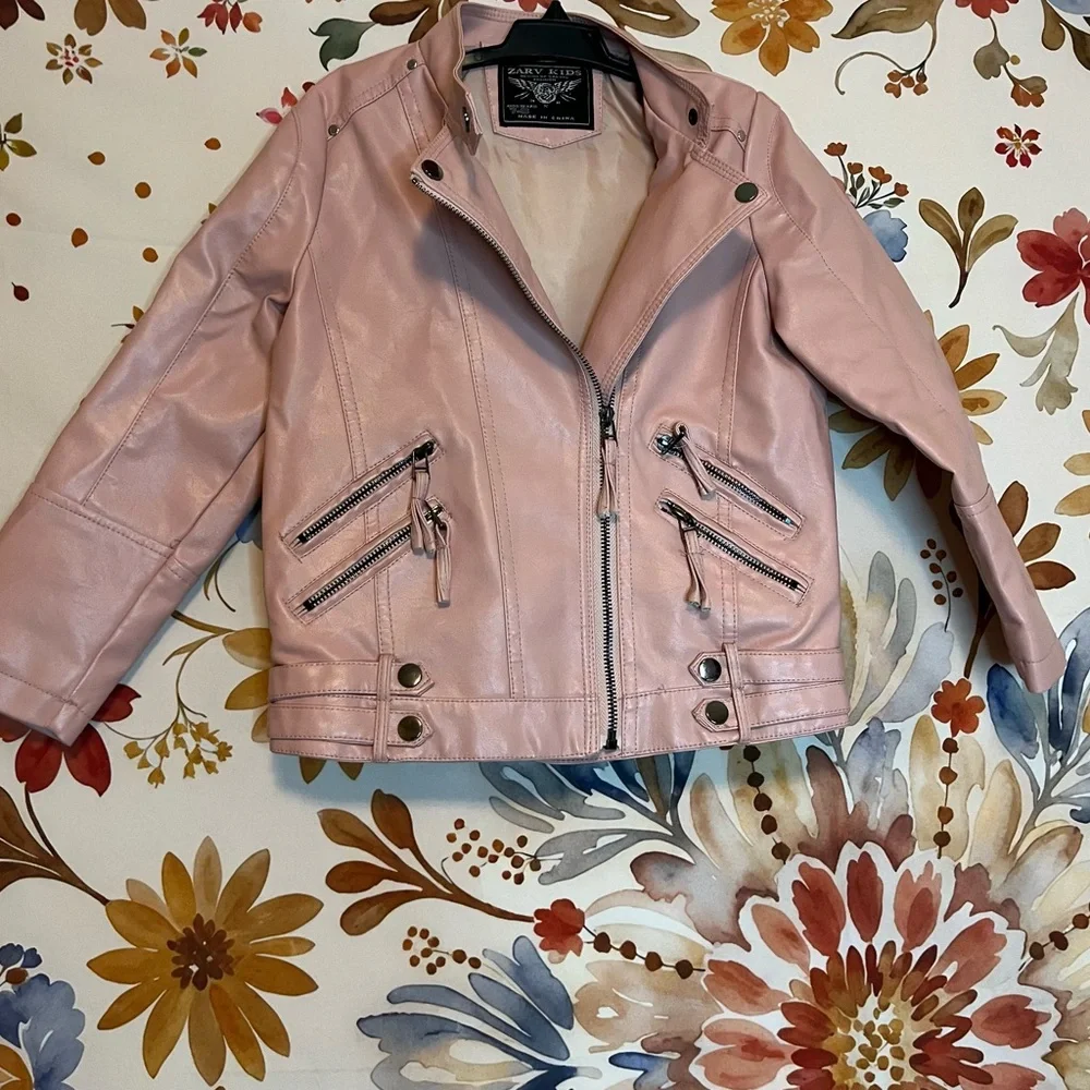 Kids M 7/8 Powder Pink Faux Leather Full Zip Motorcycle Spring Biker Jacket